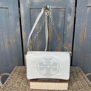 Tory Burch Kipp Perforated Logo Foldover Clutch Crossbody Bag White